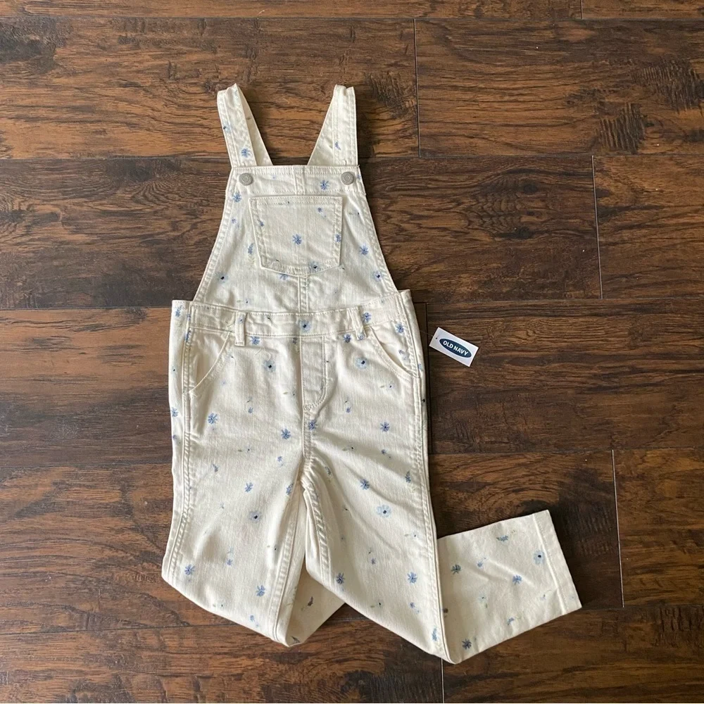 Old Navy Kids Overalls, White with Blue Flowers, Size 5T